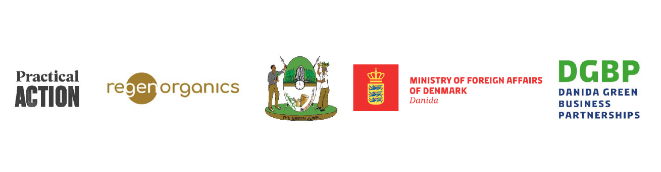 Logos of Practical Action, Regen Organics, Vihiga County Government, Ministry of Foreign Affairs of Denmark, and Danida Green Business Partnerships.