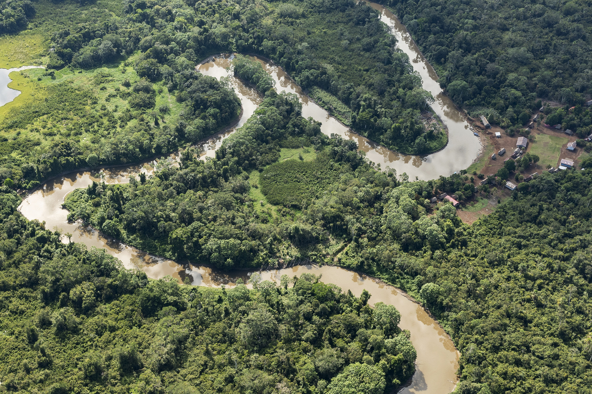 Aerial view of a winding river through dense green forest, with small structures visible on the right side.