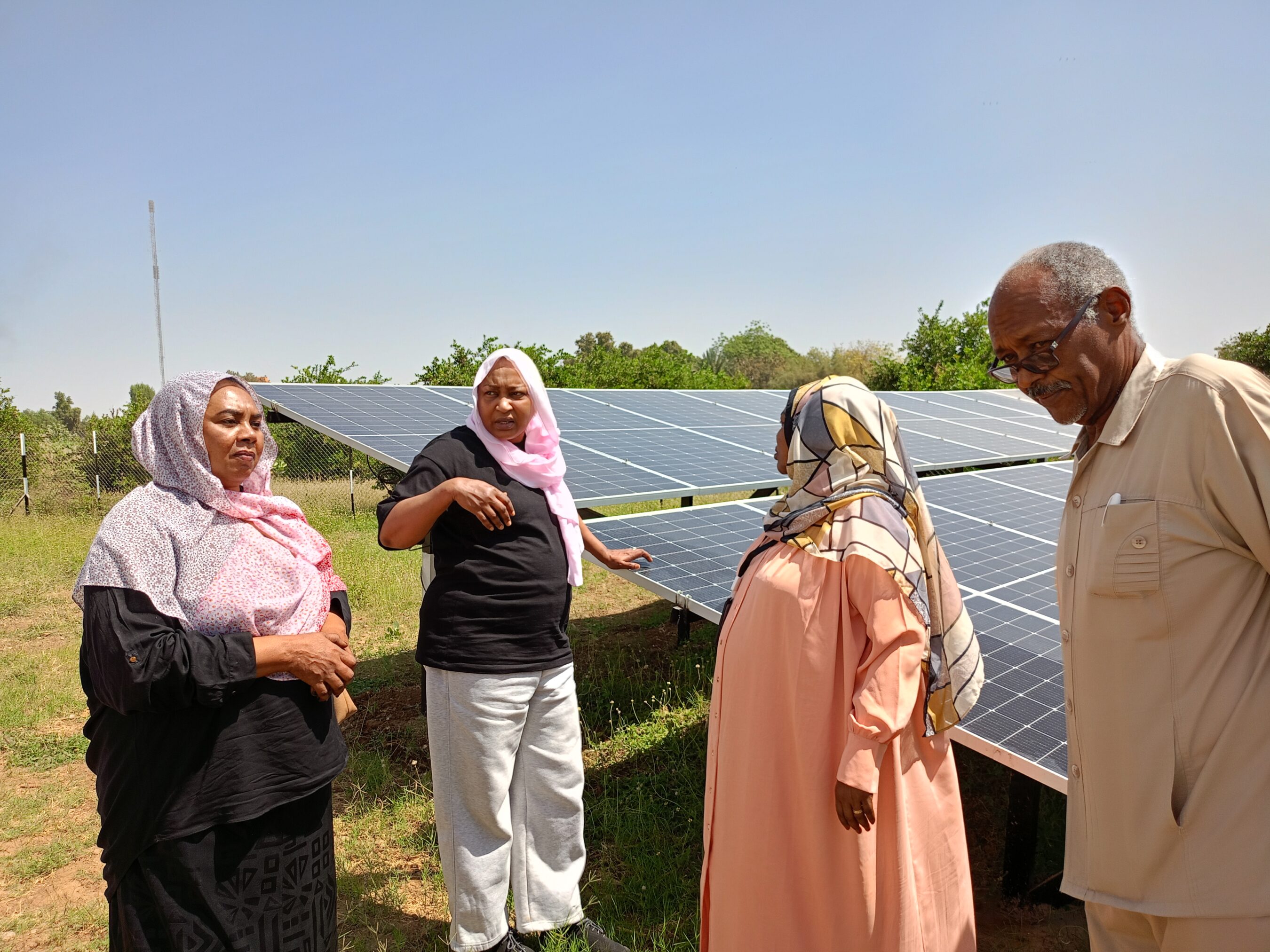 Four people stand in front of solar panels, engaged in conversation. They are outdoors on a sunny day with greenery in the background.