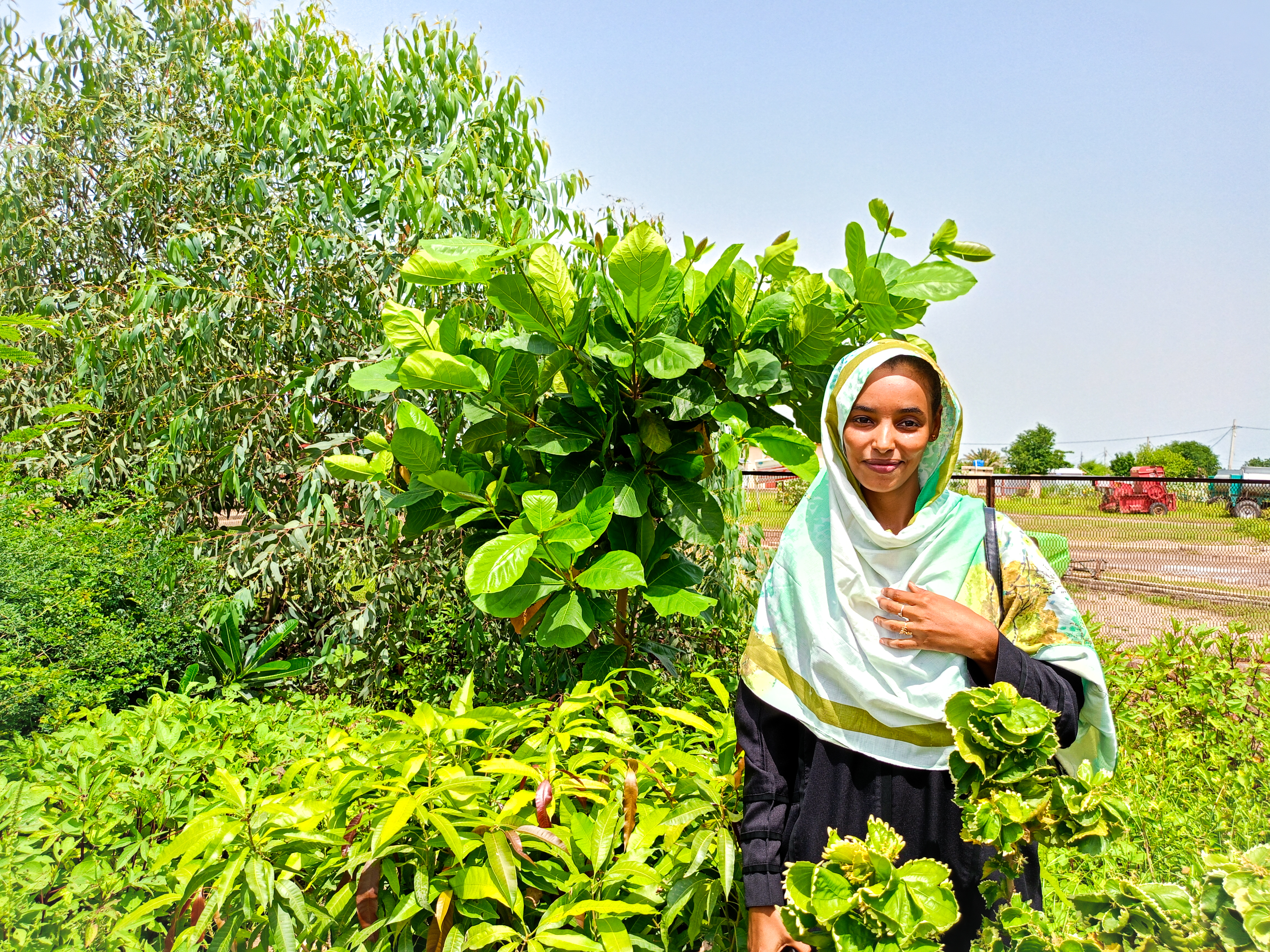 A woman in a hijab stands outdoors, smiling, surrounded by lush green plants and trees on a sunny day.
