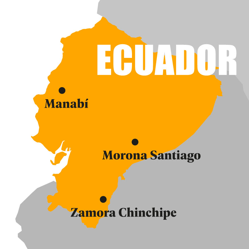 Map of Ecuador highlighted in orange, showing the locations of Manabí, Morona Santiago, and Zamora Chinchipe provinces labeled with black dots.
