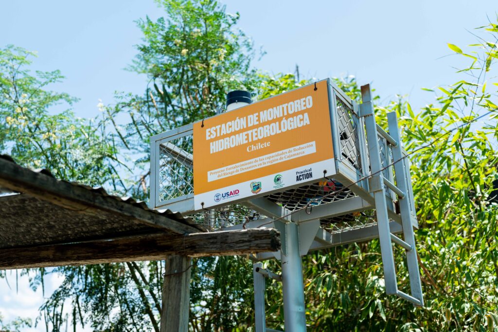 A hydrometeorological monitoring station labeled 