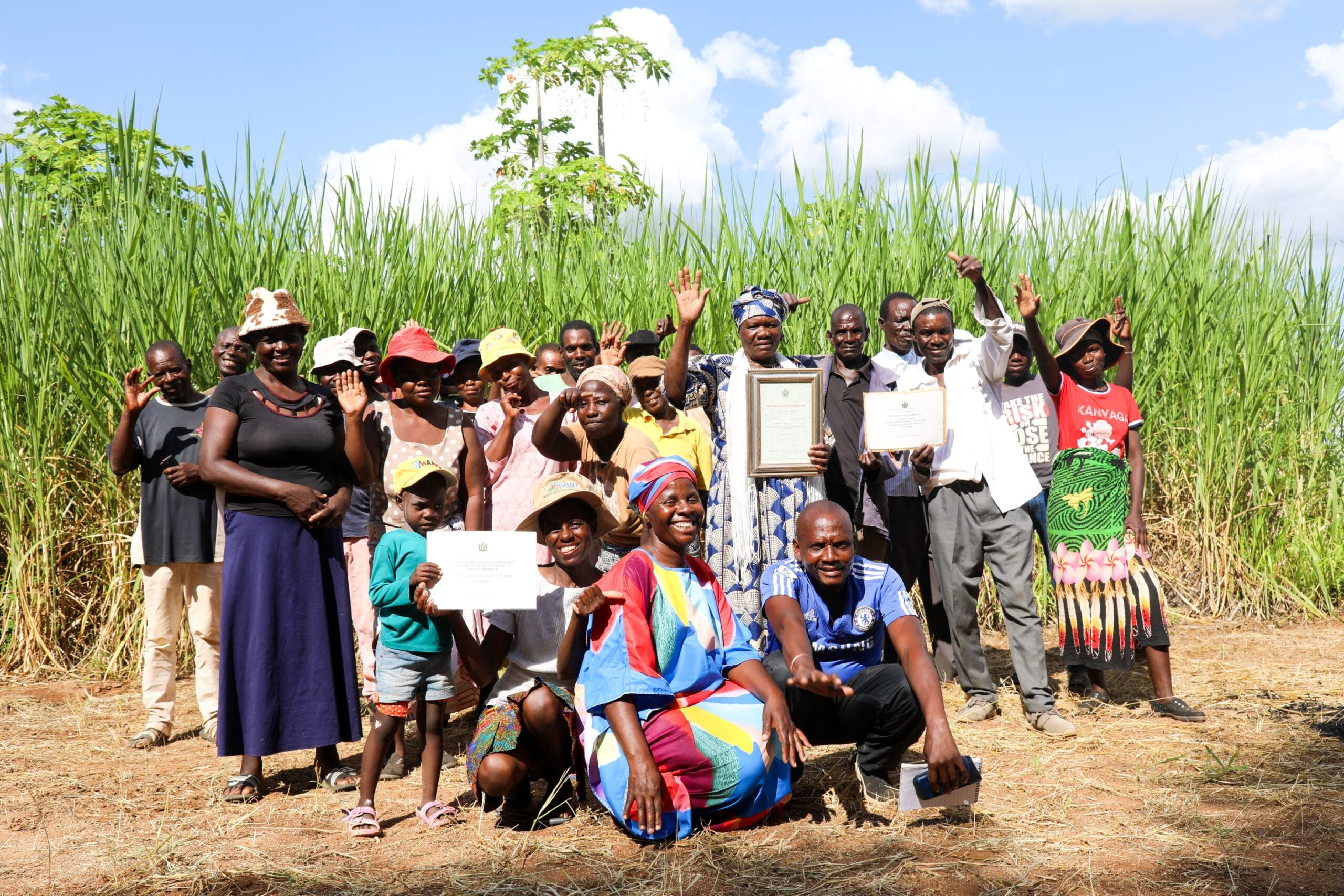 A group of people pose outdoors, some holding certificates and framed documents, standing in front of tall green plants under a blue sky.