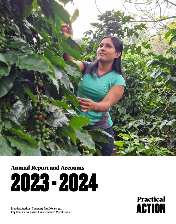 A woman in a green shirt inspects coffee plants in a dense plantation. Text reads "Annual Report and Accounts 2023-2024" with the Practical Action logo at the bottom.