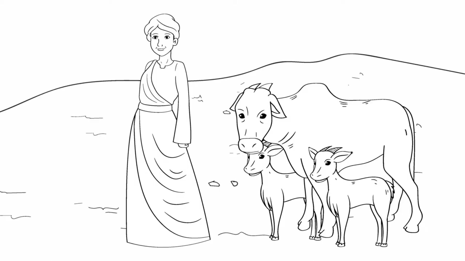 A woman stands next to a cow and two calves in a rural landscape with hills in the background.