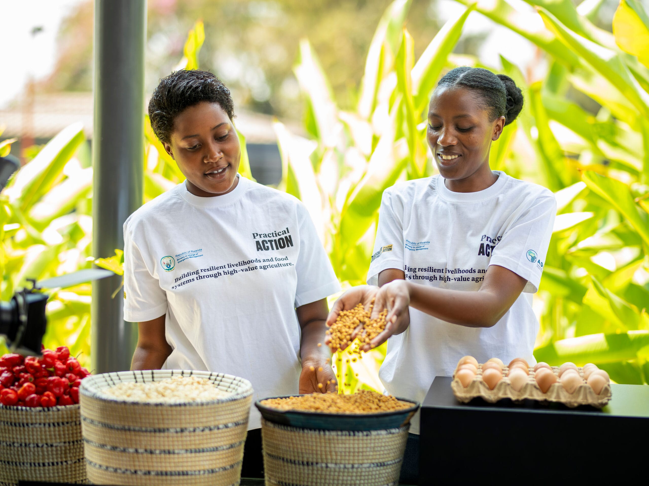 Two women in white "Practical Action" shirts prepare food outdoors, scooping grains into a basket, with baskets of tomatoes and eggs nearby. Lush green plants are visible in the background.