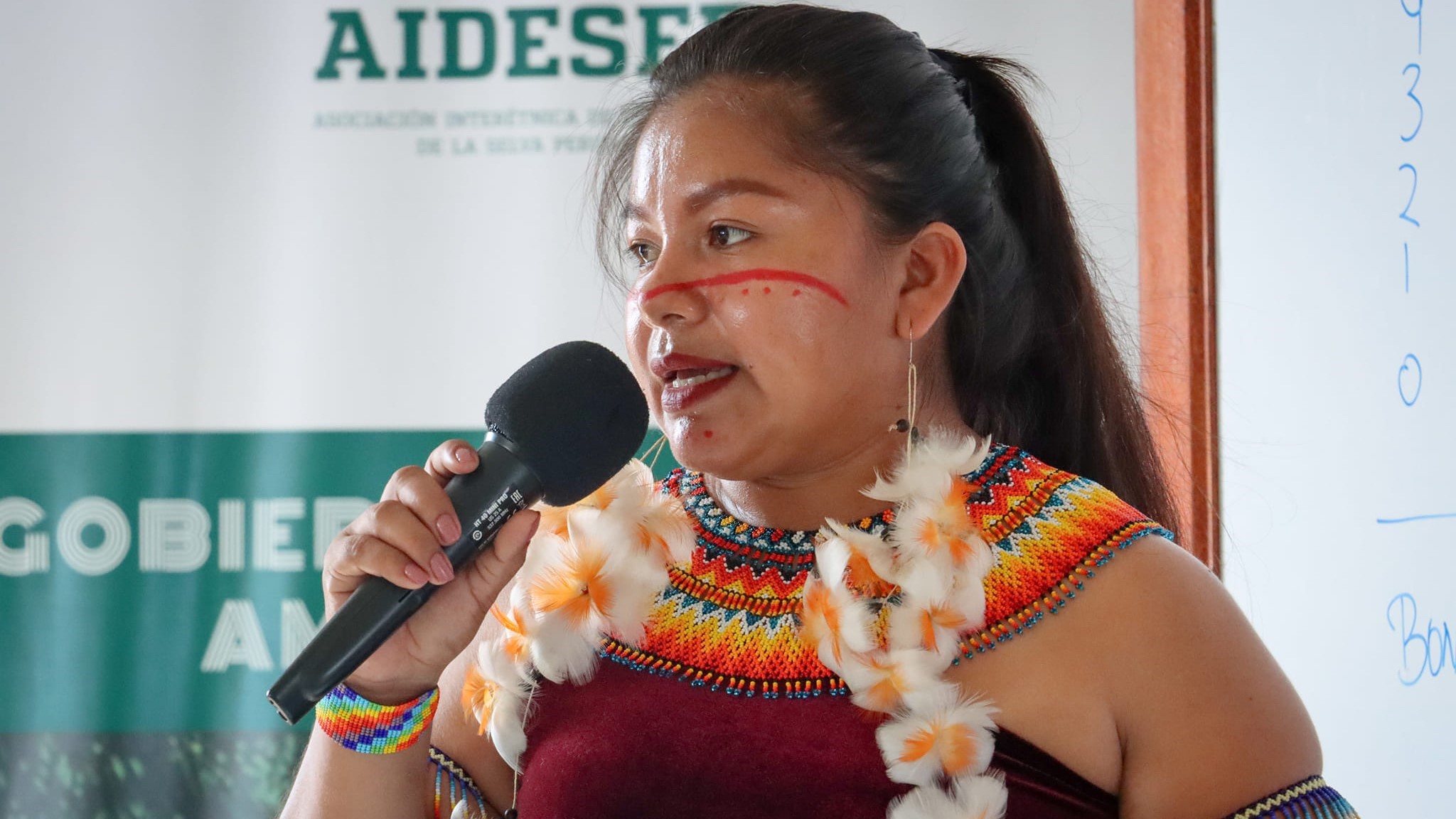 A woman in traditional attire with painted facial markings speaks into a microphone at an indoor event, with a presentation board and banner in the background.
