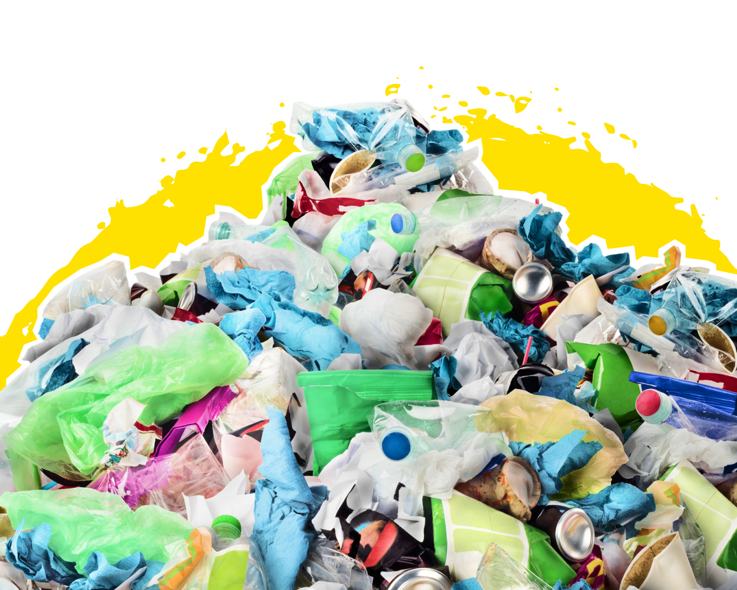 A large pile of mixed garbage, including plastic bags, cans, food containers, and paper waste, against a white and yellow background.