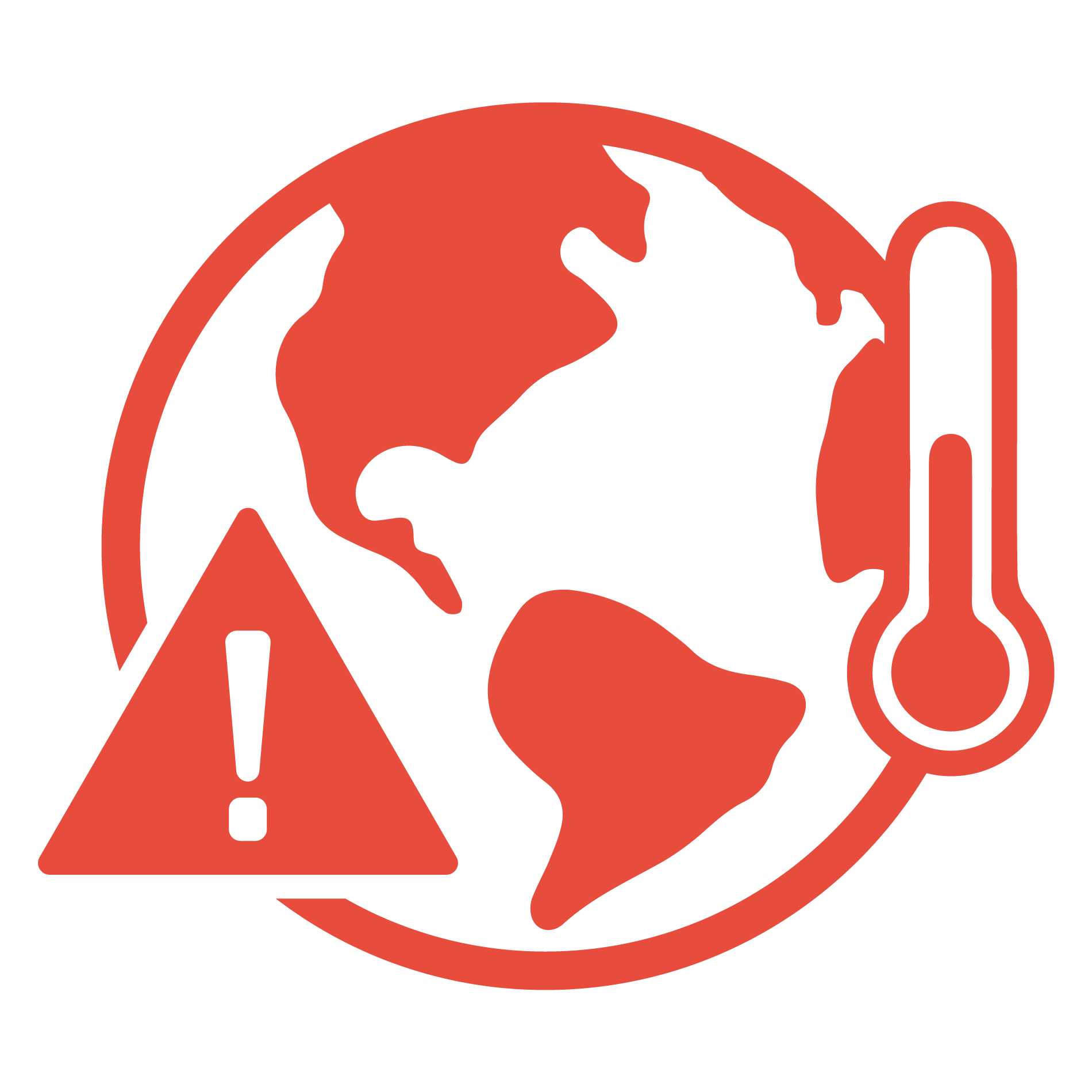 Red icon of Earth with a thermometer and warning sign, indicating global warming or climate change alert.