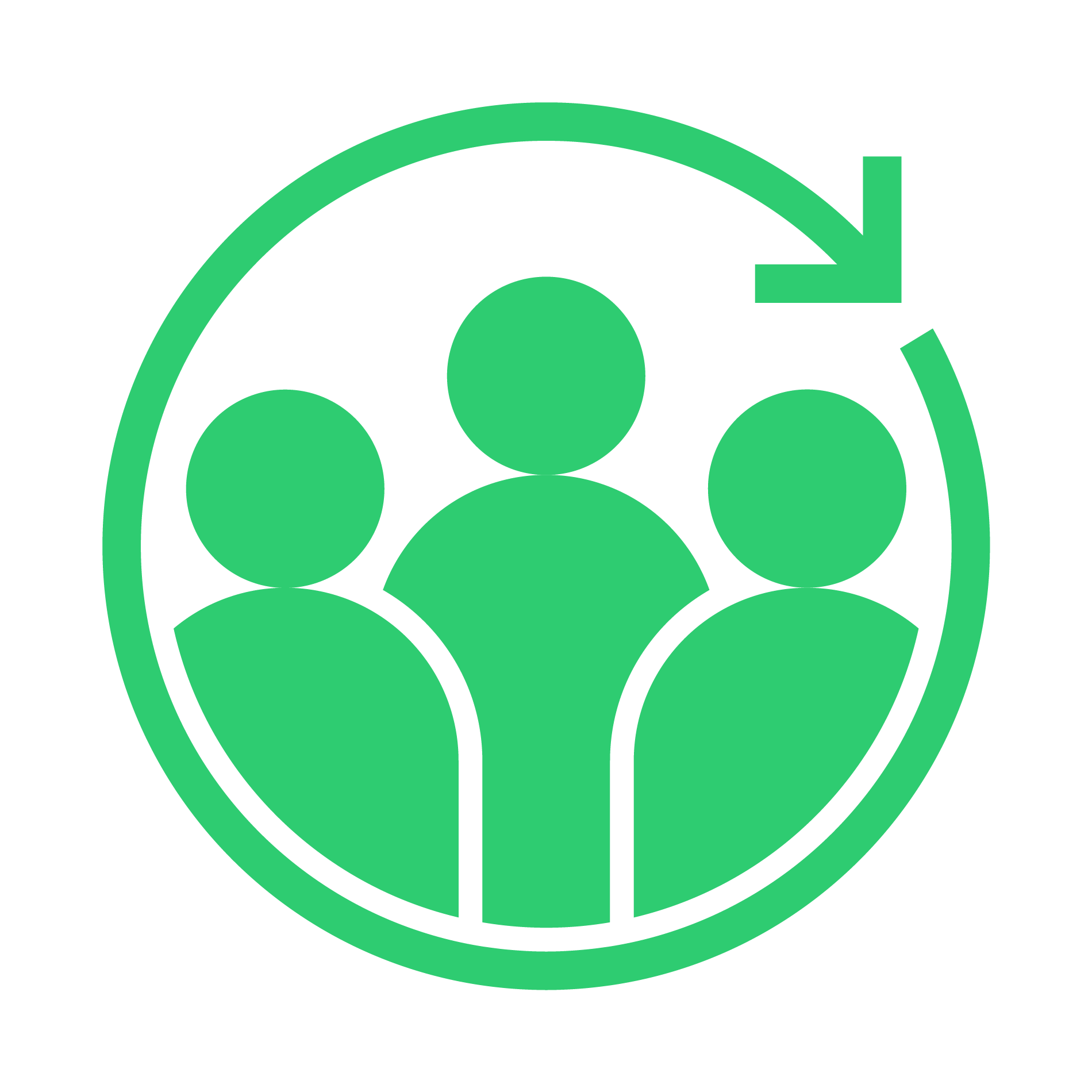 Green icon of three people inside a circular arrow, representing a group or community with an emphasis on continuous interaction or connection.
