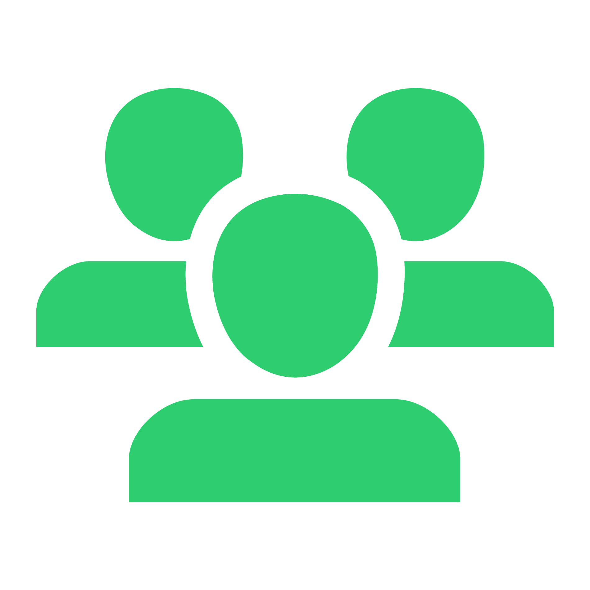 Green icon depicting three abstract human figures, with one larger figure in the foreground and two smaller figures in the background, on a white background.
