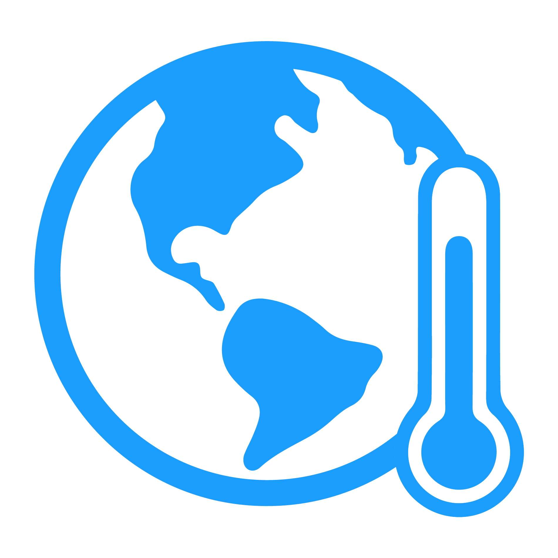 Blue icon of Earth with a thermometer beside it, symbolizing global warming or climate change.