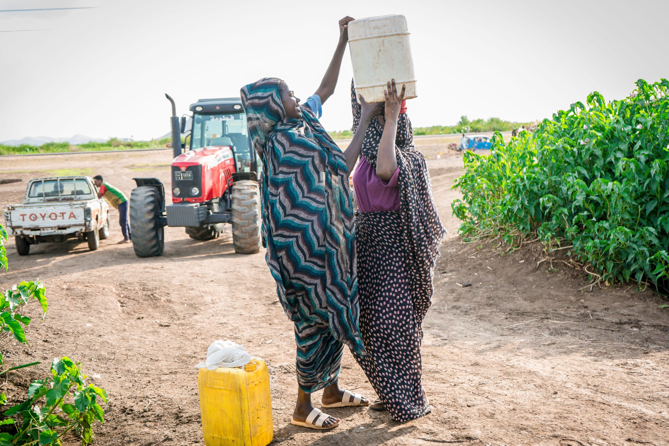 Two women work together to pour water from a large container outdoors, with a red tractor and a white vehicle in the background and green plants nearby.