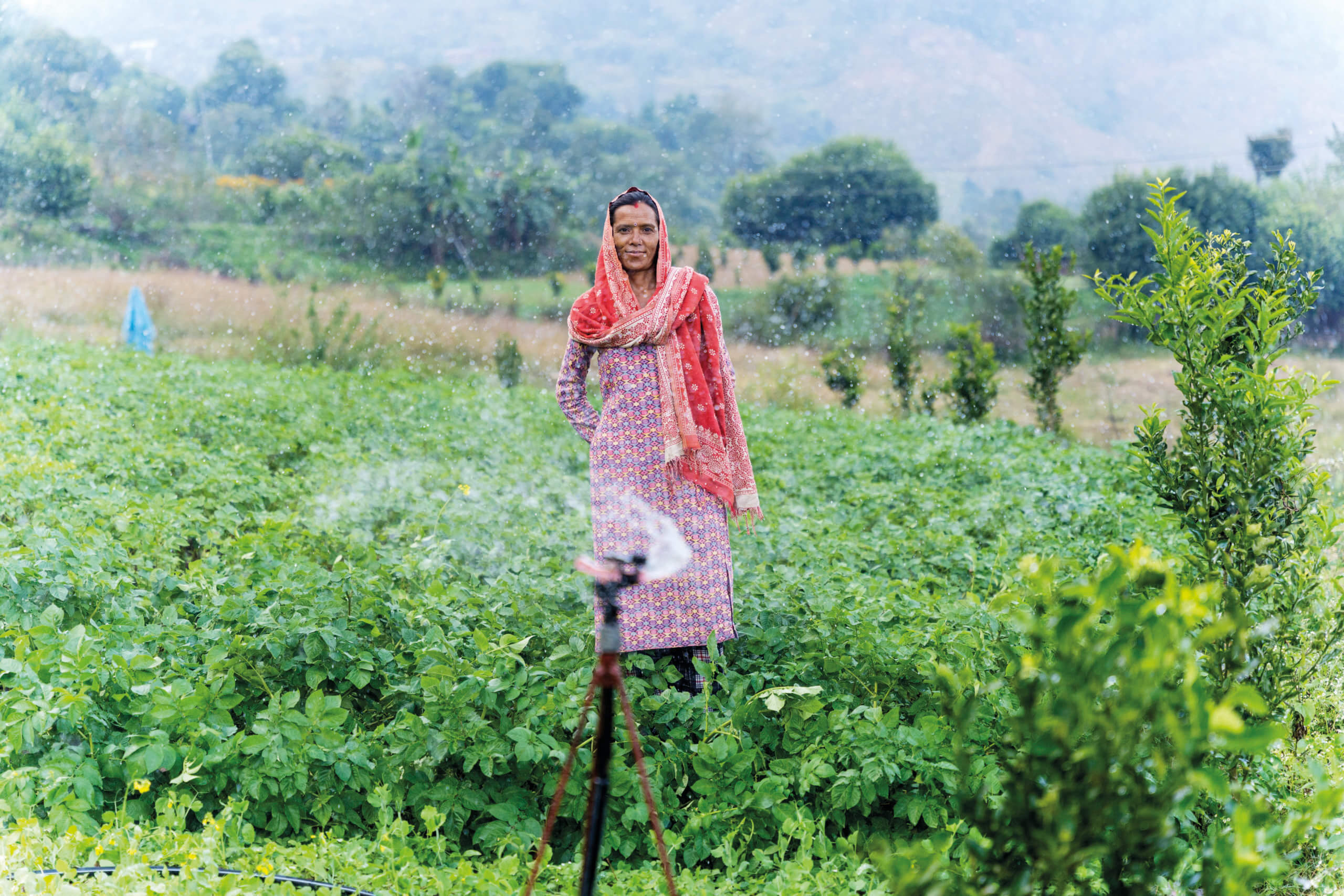 A woman stands in a green agricultural field with a water sprinkler spraying, surrounded by plants and distant hills.