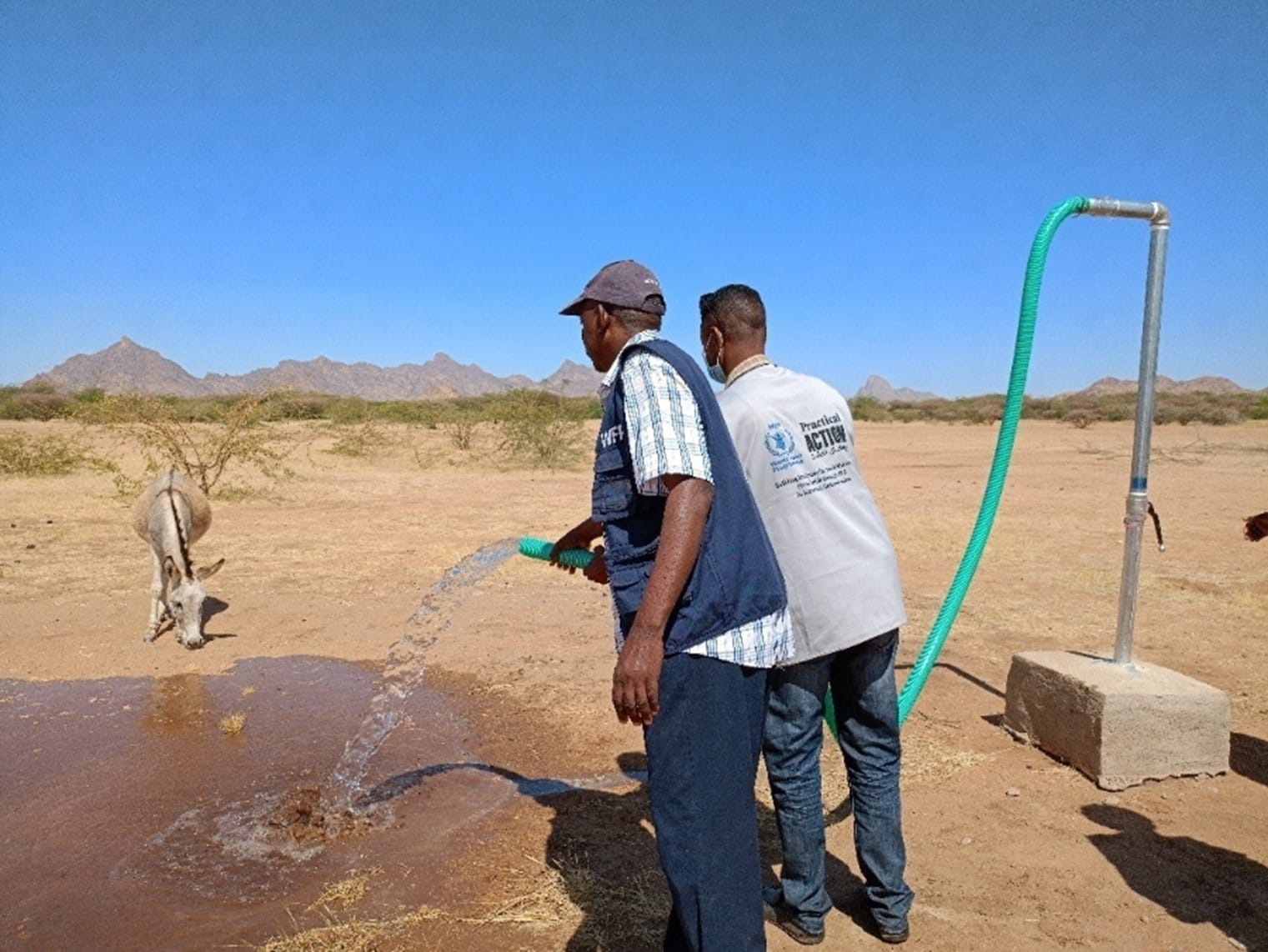 Two men fill a trough with water from a hose in a dry, rural landscape, while a donkey drinks in the background.