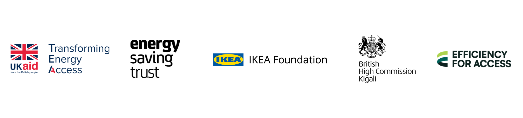 Logos of UK aid, Transforming Energy Access, Energy Saving Trust, IKEA Foundation, British High Commission Kigali, and Efficiency for Access, arranged in a row on a white background.