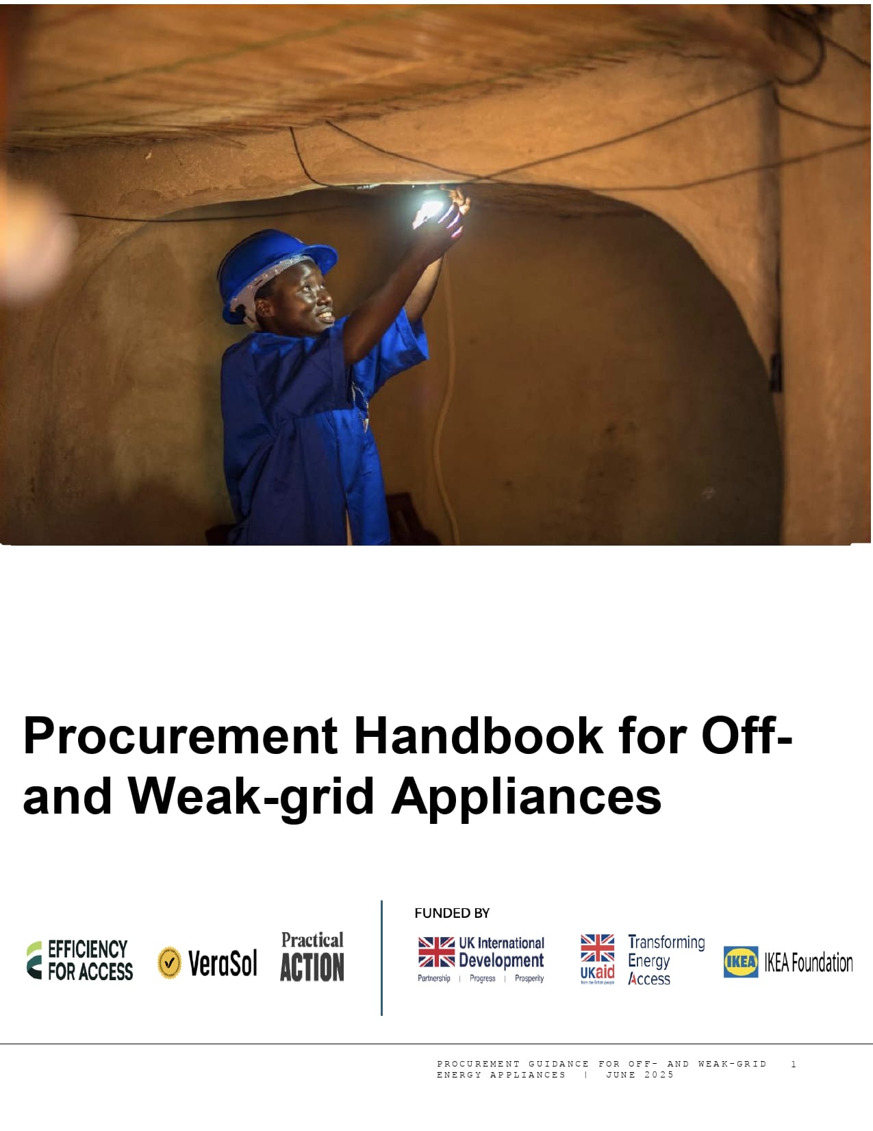 A person wearing a blue helmet and shirt works on electrical wiring inside a mud-walled building. The cover text reads "Procurement Handbook for Off- and Weak-grid Appliances," with logos of supporting organisations below.