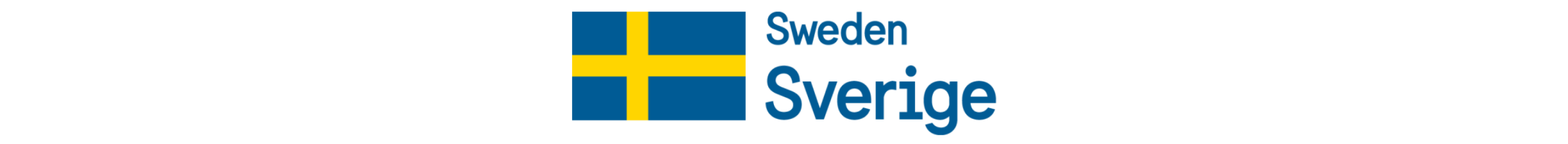 The image shows the Swedish flag on the left, with a blue background and yellow cross. To the right, the words "Sweden Sverige" are written in blue on a white background.