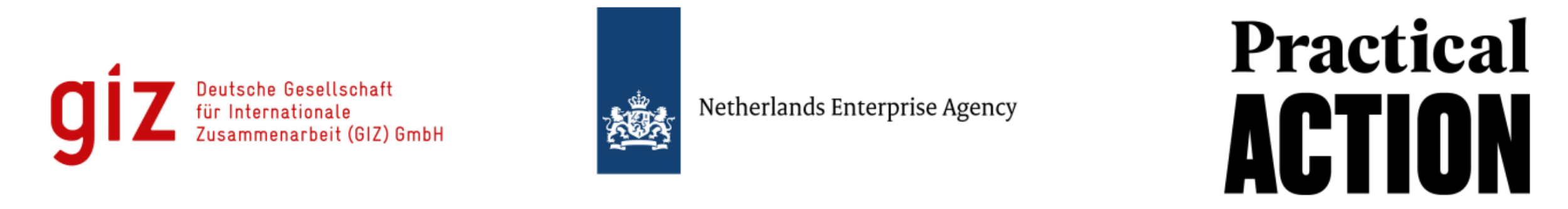 Three logos: on the left, GIZ in red with German text; in the centre, the Netherlands Enterprise Agency logo with a blue emblem; on the right, the Practical Action logo in black bold text.