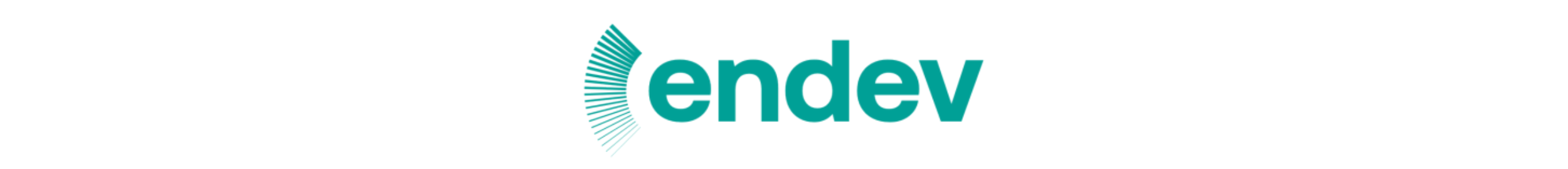 The image shows the word “endev” in lowercase teal letters, with a series of radiating teal lines forming a semi-circular shape to the left of the text, all centred on a white background.