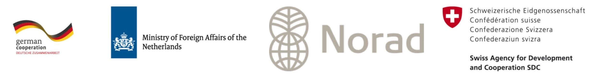 Logos of four organisations: German Cooperation, Ministry of Foreign Affairs of the Netherlands, Norad (Norwegian Agency for Development Cooperation), and Swiss Agency for Development and Cooperation (SDC), displayed side by side.
