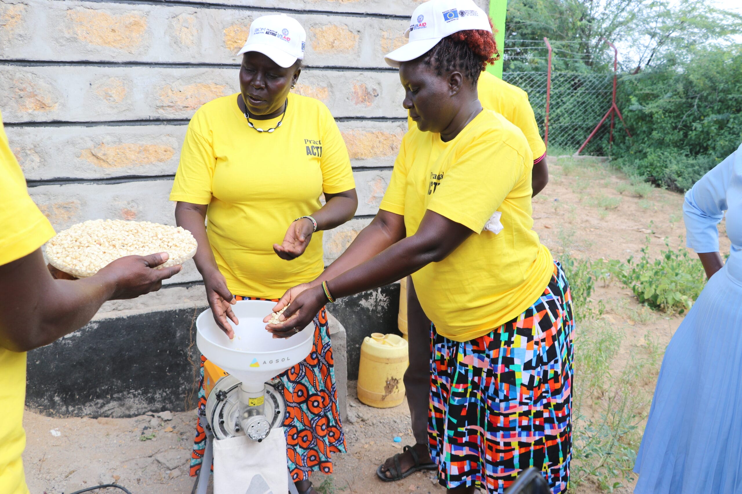 Two women in yellow shirts and hats use a white grain mill outdoors. One holds a plate of maize while the other pours some into the grinder. They stand beside a stone wall and a yellow container on the ground.