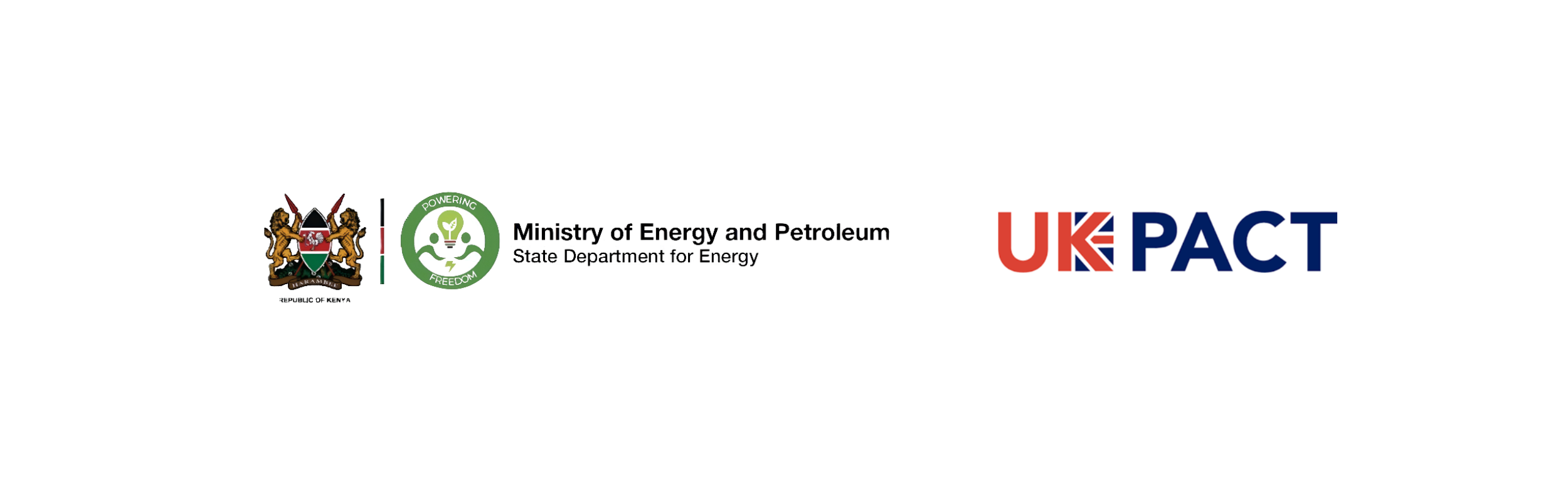 Logos of the Ministry of Energy and Petroleum, State Department for Energy (Kenya), and UK PACT, displayed side by side on a white background.