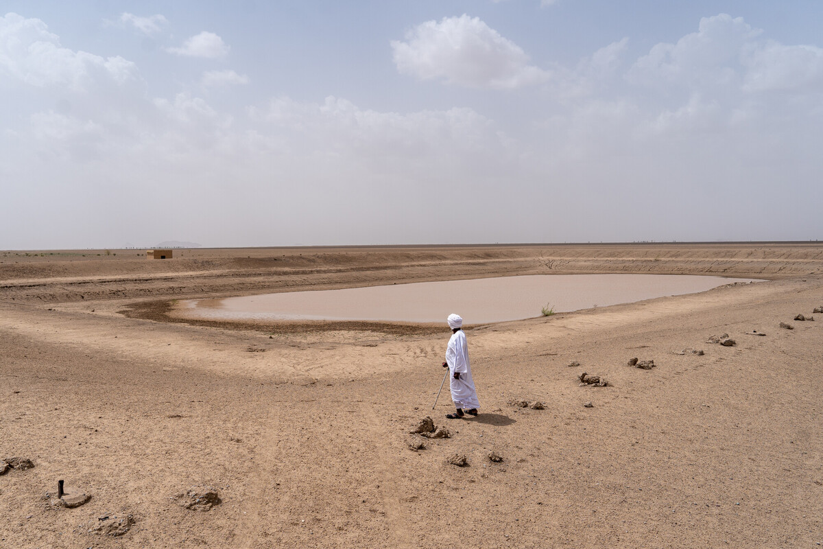 A person in white traditional clothing and a head covering stands with a stick by a small, muddy waterhole in a vast, dry, barren desert landscape under a cloudy sky.