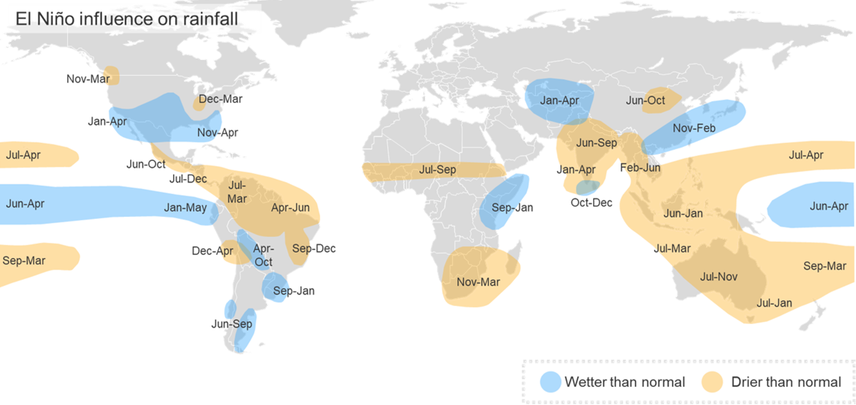 World map showing regions with wetter (blue) and drier (tan) than normal rainfall during El Niño, labelled with affected months. Wetter: parts of the Americas and Central Asia. Drier: Australia, Indonesia, southern Africa, and others.