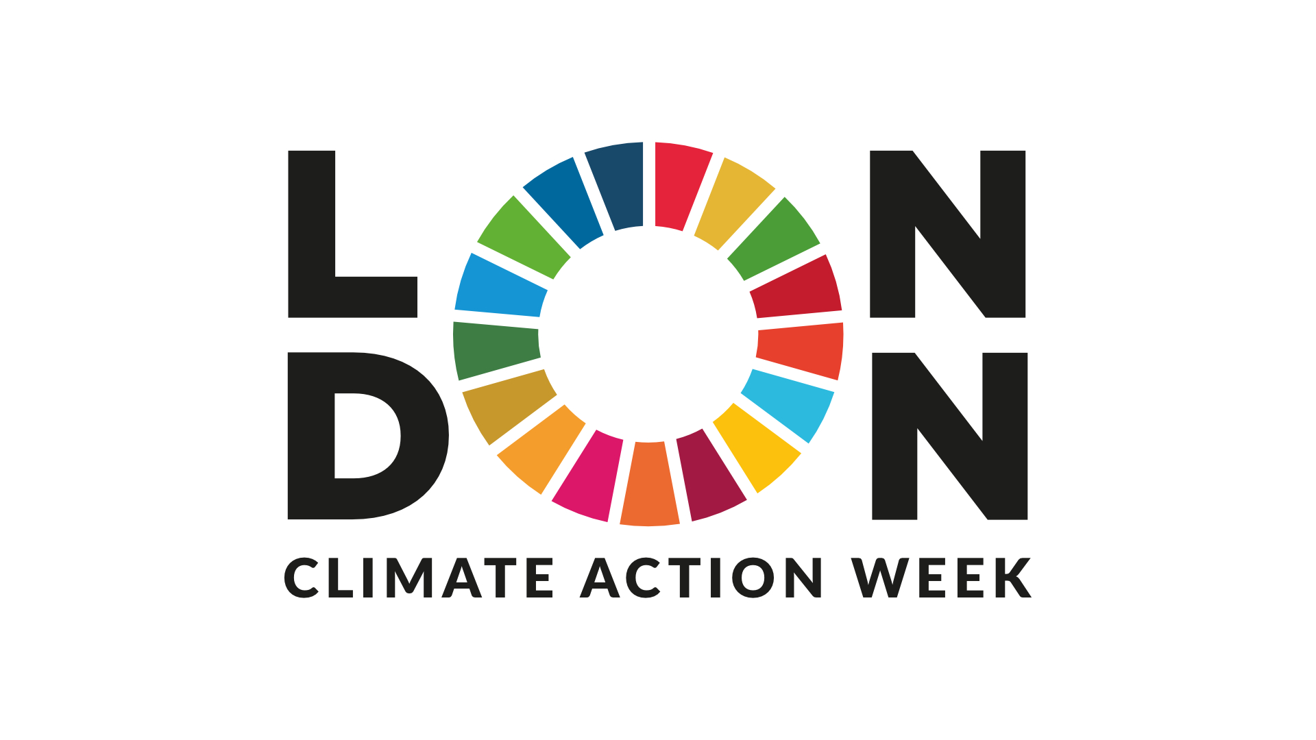 Logo for London Climate Action Week. The "O" in "LONDON" is a colourful ring made of 17 segments, each a different colour, representing the Sustainable Development Goals. The text is in bold black letters on a white background.