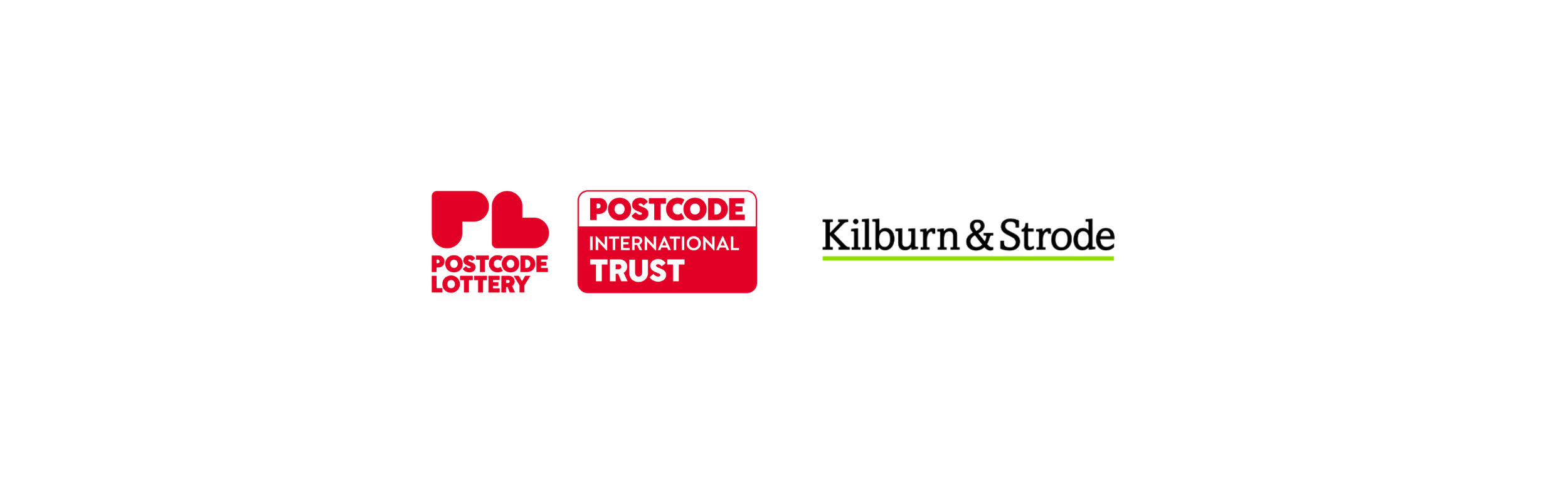 Logos for Postcode Lottery, Postcode International Trust, and Kilburn & Strode are displayed in a row on a white background.