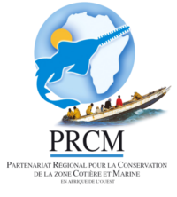 Logo with a blue shark silhouette over a map of Africa, a yellow sun, and six people in a wooden boat on water. Text reads: "PRCM Partenariat Régional pour la Conservation de la zone Côtière et Marine en Afrique de l’Ouest.