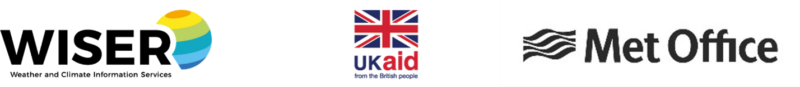 Logos for WISER Weather and Climate Information Services, UK aid with a British flag, and the Met Office with wavy lines, all on a white background.