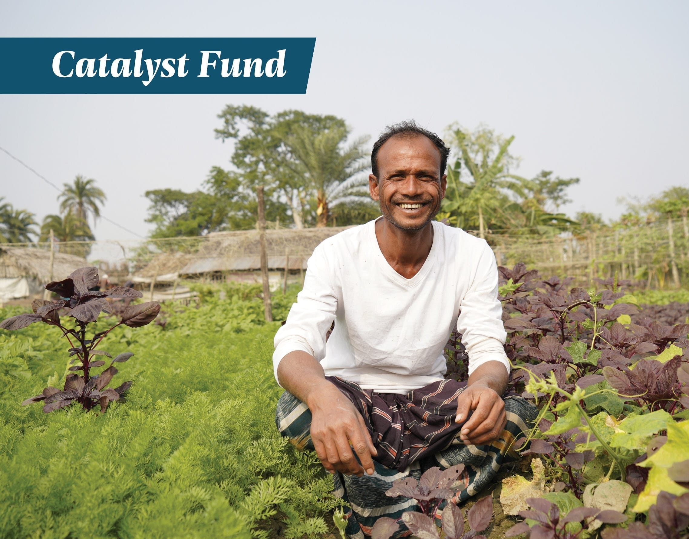 Smiling man in a white shirt sits in a lush vegetable garden; “Catalyst Fund” text at top left.
