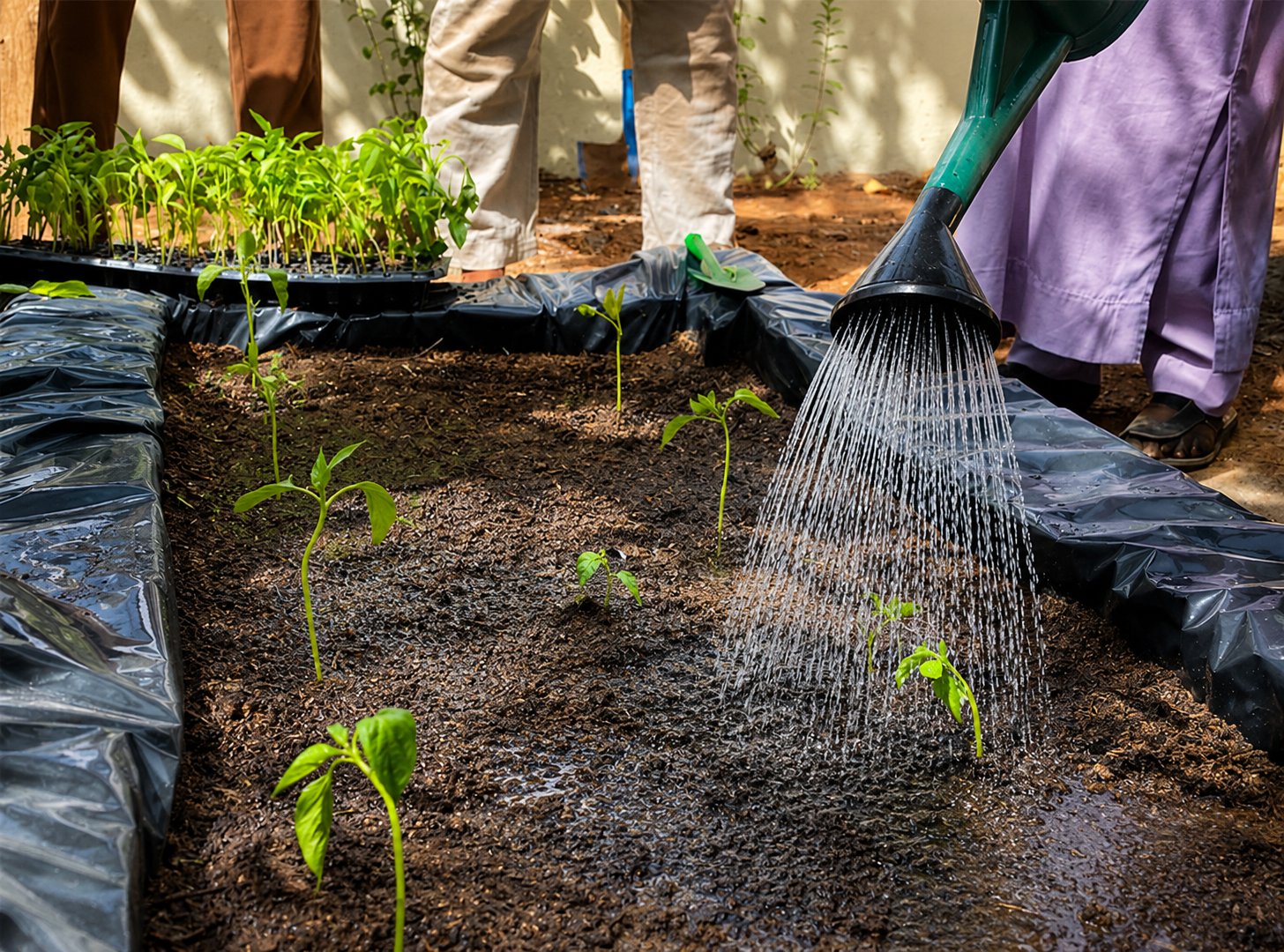 A person waters young plants in a garden bed with a green watering can; seedlings are close by.