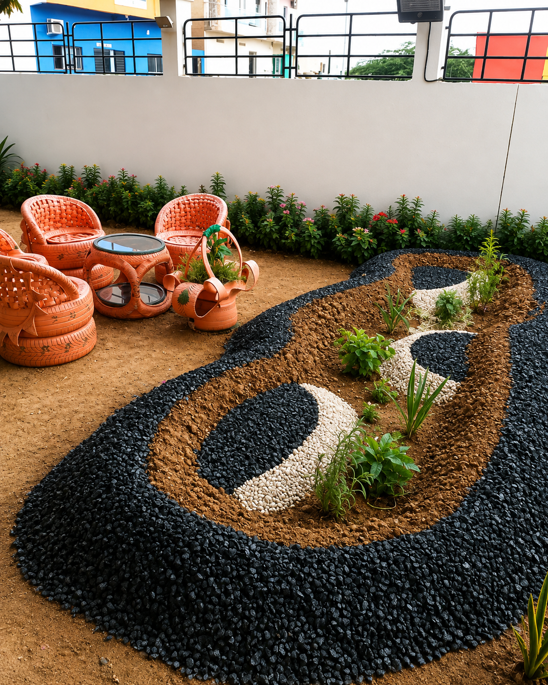 Small garden with gravel and plants, surrounded by orange outdoor chairs and a glass-topped table.
