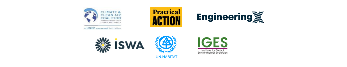 Six logos: Climate & Clean Air Coalition, Practical Action, Engineering X, ISWA, UN-Habitat, and IGES.