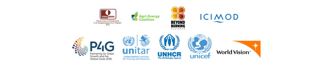 Logos for Terra Nuova, Agri-Energy Coalition, Beyond Burning Alliance, ICIMOD, P4G, UNITAR, UNHCR, UNICEF, and World Vision.