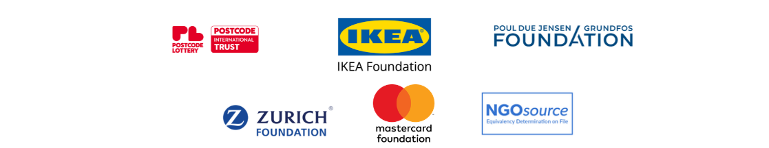 Logos for Postcode International Trust, IKEA Foundation, Poul Due Jensen Grundfos Foundation, Zurich Foundation, Mastercard Foundation, and NGOsource.