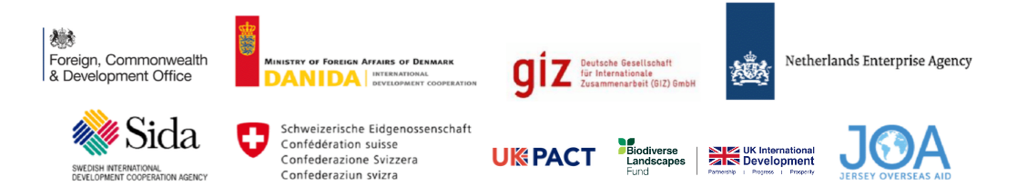 Logos of international development agencies including FCDO, Danida, GIZ, Netherlands Enterprise Agency, Sida, and others.