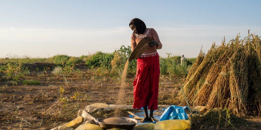A woman in a red dress showcases technical knowledge in food processing while standing in a field.